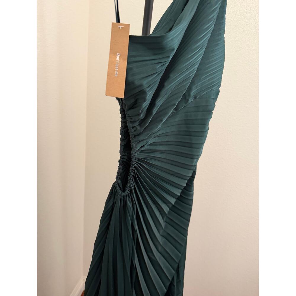 New O.P.T Perko dark green pleated one shoulder dress sz M - Picture 6 of 8